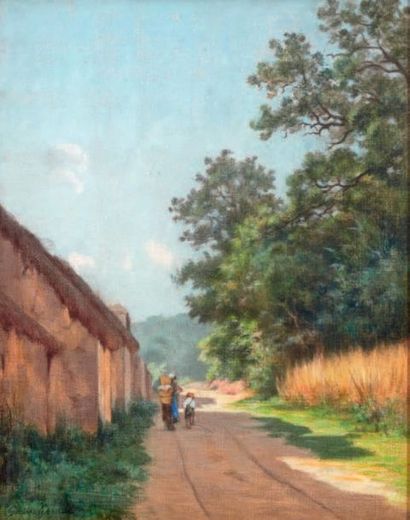 Gustave GARAUD Paysanne et son fils sur la route
Pastel, signé en bas à gauche.
48...