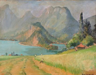 René BESSERVE (1883-1959) 
Faucheur dans un champ près d'un lac
Huile sur carton,...