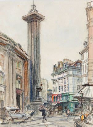 Eugène VEDER (1876-1976) 
La colonne astronomique devant la Bourse du commerce, 1923
Aquarelle...