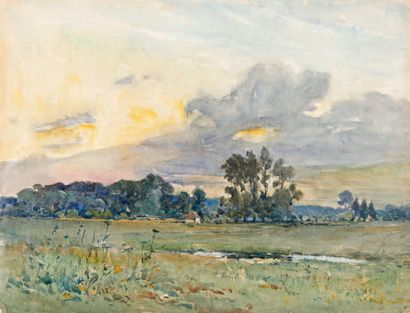 René LEVERD (1872-1938) 
Prairie au soleil couchant
Aquarelle.
25 x 32 cm
Provenance:...