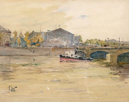 René LEVERD (1872-1938) 
Paris, remorqueur surla Seine à l'Assemblée Nationale
Aquarelle,...