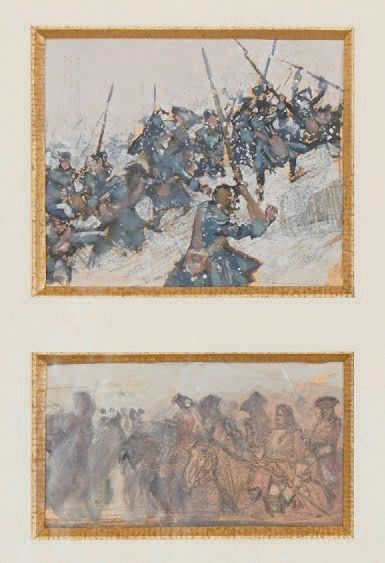 Charles HOFFBAUER (1875-1957) 
Scènes militaires
Quatre gouaches dans deux cadres.
Environ...