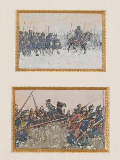 Charles HOFFBAUER (1875-1957) 
Scènes militaires
Quatre gouaches dans deux cadres.
Environ...