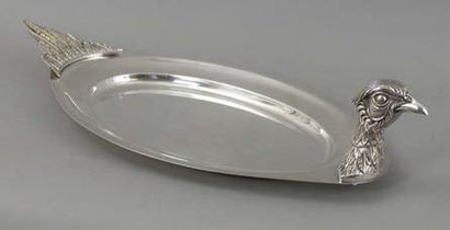 -Oval pheasant dish made of silvery metal...