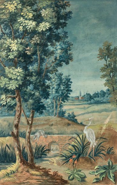 École FRANÇAISE du XVIIIe siècle 
Paysage animé d'oiseaux
Gouache.
41,5 x 26 cm
On...