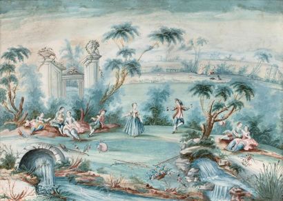 École FRANÇAISE du XVIIIe siècle 
Paysage animé d'oiseaux
Gouache.
41,5 x 26 cm
On...