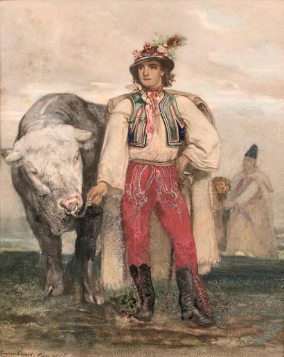 Jaroslav CZERMAK (1831-1878) 
Paysan hongrois tenant un boeuf par les naseaux
Gouache...