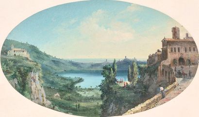 Ecole Italienne du XIXe siècle 
Vue du lac de Nemi
Gouache annotée à droite «Nemi...