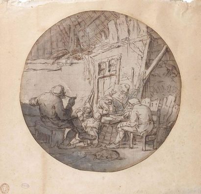 Adriaen Van OSTADE (1610-1685) 
Cabaret scene, smoker and players
Black stone, feather,...