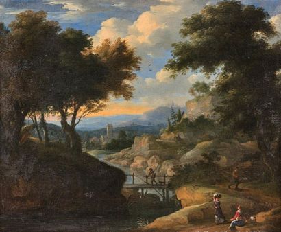 École Française du XVIIe siècle 
Animated Landscape
Oil on canvas, rentoiled.
(Wear,...