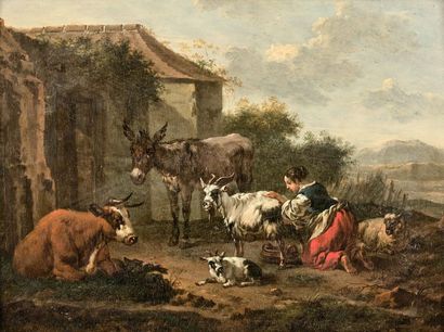 Attribué à Nicolas BERCHEM (1620-1683) 
The farmer and her flock
Oil on monogrammed...