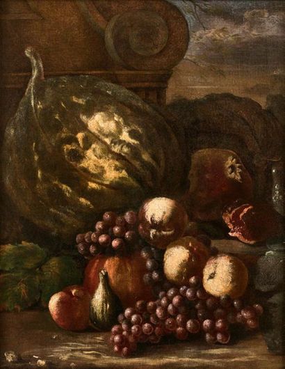Entourage de Giovanni Paolo CASTELLI, vers 1700 
Nature morte de melon, poires, figues...