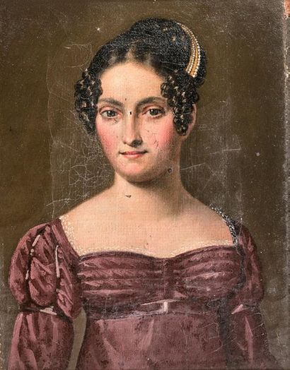 École Française du XIXe siècle 
Portrait de femme au diadème
Huile sur toile.
(Usures).
23,5...