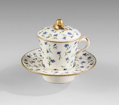 SÈVRES Covered trembler cup with a handle and saucer with polychrome decoration of...