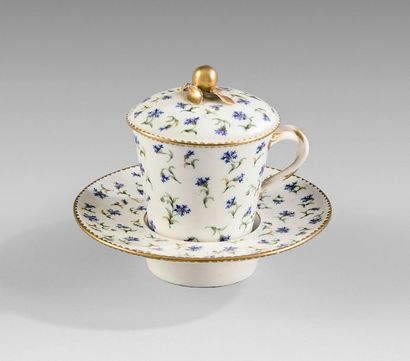 SÈVRES Tasse trembleuse couverte munie d'une anse et sa soucoupe à décor polychrome...