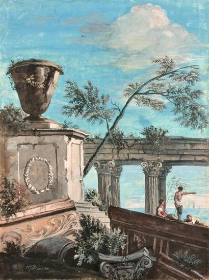 Peter Tillemans (1684-1734) 
Caprice architectural antique animée de personnages
Gouache...