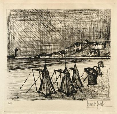 Bernard Buffet La Plage, 1957, pointe sèche, 48 x 49,5 cm, marges
53 x 65 cm (Rheims...