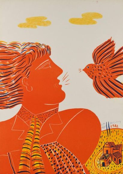 Alexandre FASSIANOS Homme et oiseau, 1982, lithographie, feuille 76,5 x 54 cm, belle...