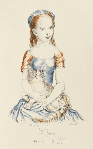 LEONARD FOUJITA Petite fille au chat, 1959, lithographie, 38 x 26 cm, marges 57 x...