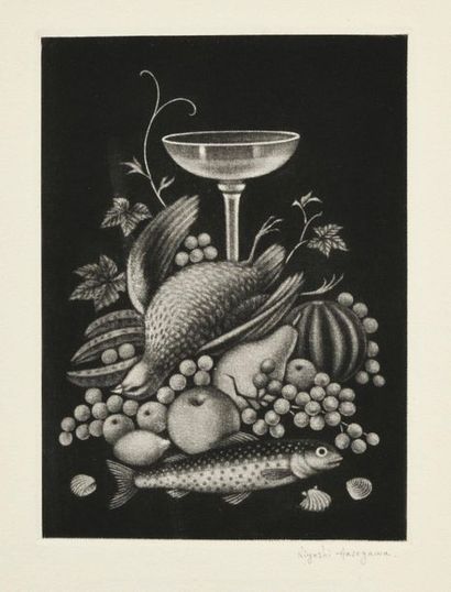 KIYOSHI HASEGAWA Nature morte à la coupe de champagne, 1964, manière noire, 17 x...