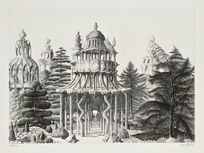 Michel HOUPLAIN Fantastic architecture in a garden, etching, 28 x 38,5 cm, margins...