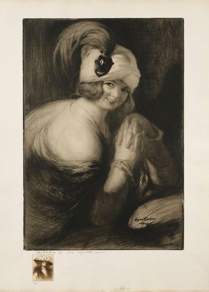 Edgar CHAHINE Ghemma au turban à aigrette, 1910, pointe sèche, 51,5 x 35,5 cm, marges...