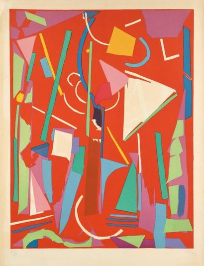 André LANSKOY Composition sur fond rouge, lithographie, 65 x 50 cm, marges
76 x 55...