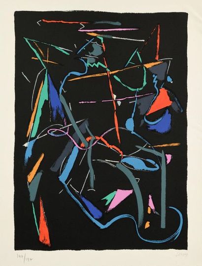 André LANSKOY Composition sur fond rouge, lithographie, 65 x 50 cm, marges
76 x 55...