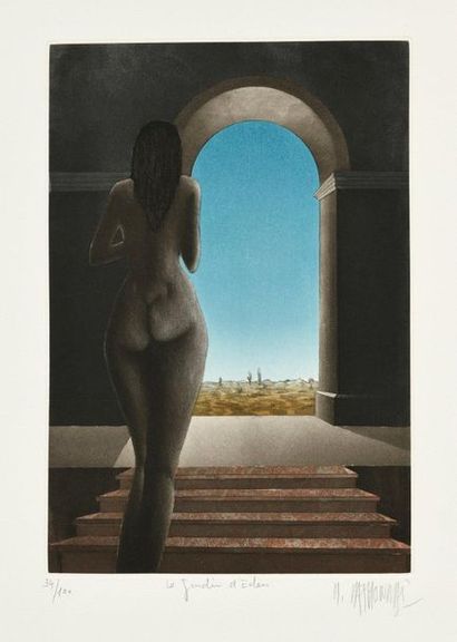 Michel MATHONNAT Le Jardin d'Eden, aquatinte, 30 x 20 cm, marges 56,5 x 44 cm, belle...