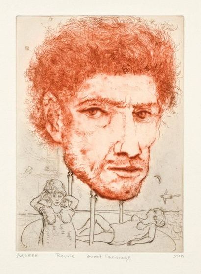 Mordecai Moreh Reverie, etching, 25 x 17 cm, margins 38 x 28 cm, nice proof printed...