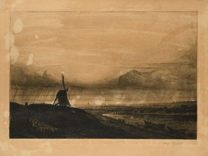 Auguste DELATRE Vue de Paris, effet d'orage, 1871, eau-forte, 35 x 50 cm, marges...