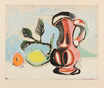 D'après Pablo PICASSO Nature morte aux citrons et au pichet rouge, vers 1955, aquatinte...