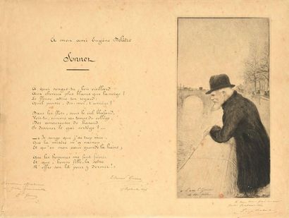 Eugène DELATRE À l'ami E. Gressin, le bon poète, 1896, pointe sèche, 30 x 16 cm,...