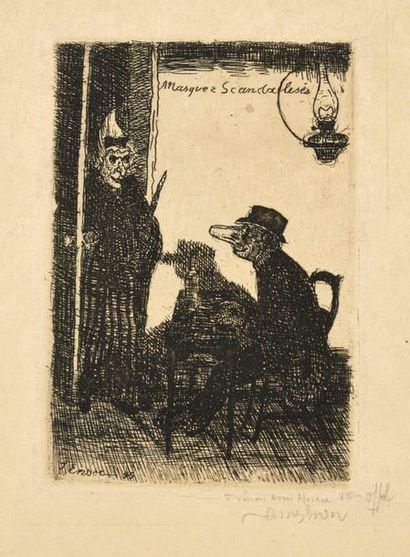 JAMES ENSOR Masques scandalisés, 1895, eau-forte, 12 x 8,5 cm, marges 28 x 18,5 cm...