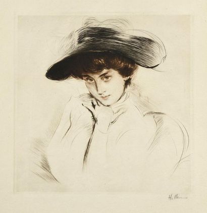 Paul-César HELLEU Femme au chapeau, pointe sèche, 32,5 x 32 cm, marges
45 x 43,5...