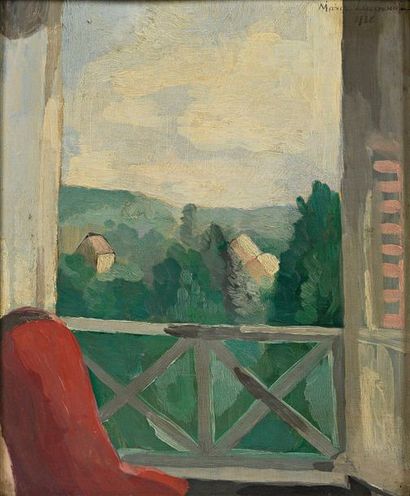 Marie LAURENCIN (1883-1956) 
Le balcon sur la campagne, 1938
Huile sur panneau, signée...