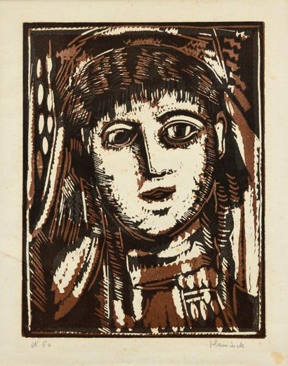 MAURICE DE VLAMINCK Tête de femme, 1918, gravure sur bois,
34 x 25,5 cm, marges 56,5...
