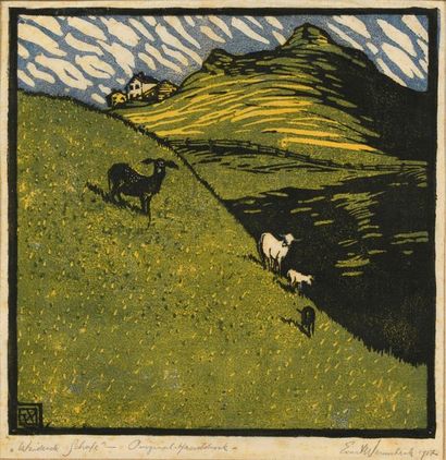 Ernst WEINSCHENK Weindole Schafe (Moutons au pâturages), 1917, bois gravé, 23,5 x...