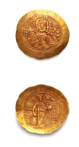 null MANUEL Ier (1143-1180)
Hyperpère. Constantinople. 4,28 g.
Buste de christ nimbé...