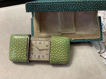 Movado, Ermeto. 
Silver travel watch in shagreen. Case with sliding closure serving...