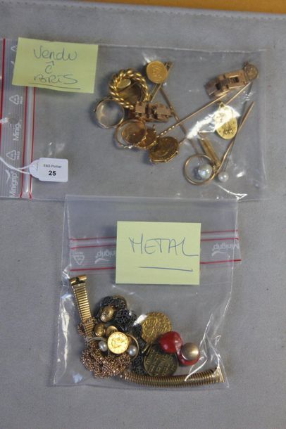 null Gold or mounted in gold, some metal parts including: five tie pins; three pins;...