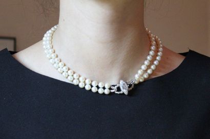 null Necklace two rows of forty-seven and fifty-one falling white cultured pearls,...