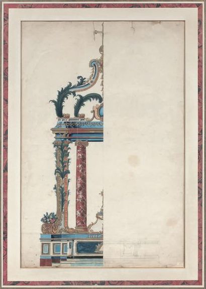 ÉCOLE FRANÇAISE de la fin du XVIIe siècle 
Partie gauche d'un projet d'autel
Gouache.
51...