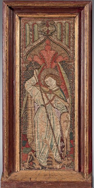 null Three orphreys in "opus anglicanum" embroidered with a Saint George, a Saint...