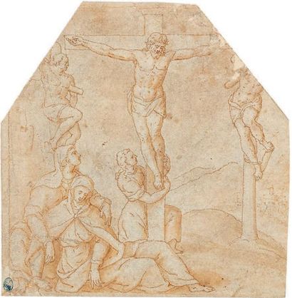 École ITALIENNE du XVIe siècle 
Christ on the Cross, the Virgin and St. John
Feather...