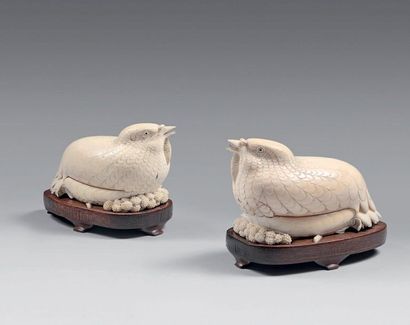 Pair of inkwell boxes in the shape of quails...