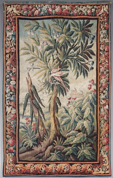 Green wool and silk tapestry decorated with...