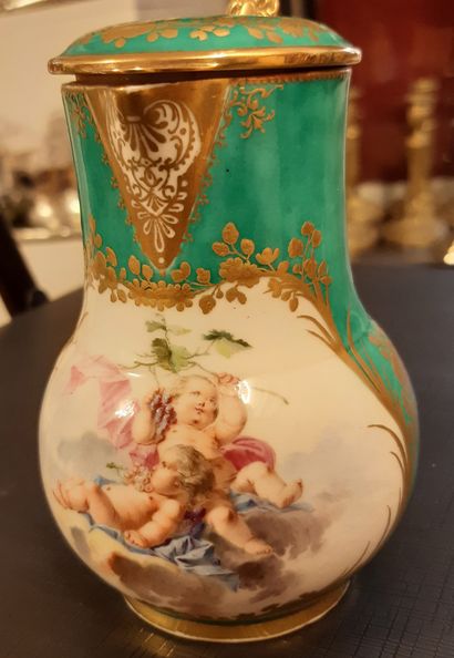 VINCENNES Ordinary covered milk jug, polychrome decoration of two cherubs in clouds...