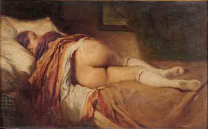 École Française du XIXe siècle 
Femme nue, dormant, vue de dos
Huile sur panneau.
23,7...