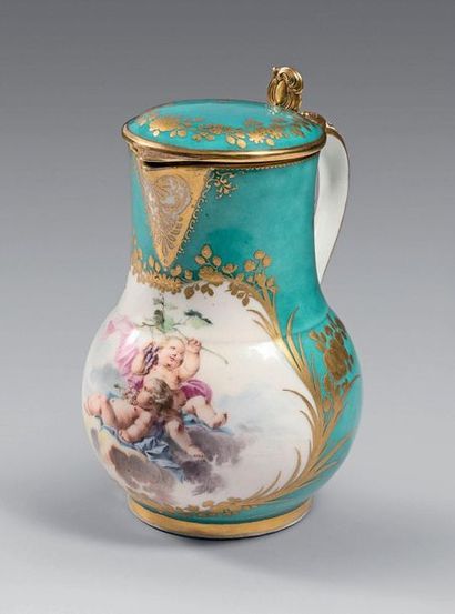 VINCENNES Ordinary covered milk jug, polychrome decoration of two cherubs in clouds...